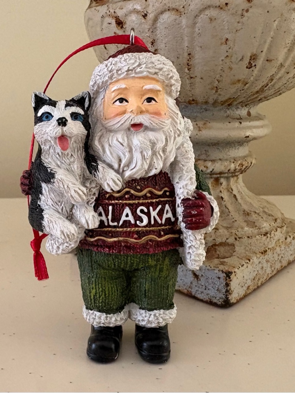 Alaska Santa Claus with Husky Holiday Ornament - Red, Green, White